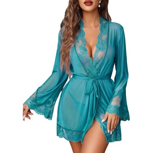 Avidlove Women Lace Kimono Robe Babydoll Sexy Lingerie Mesh Chemise Nightgown Cover Up(Peaock Blue)