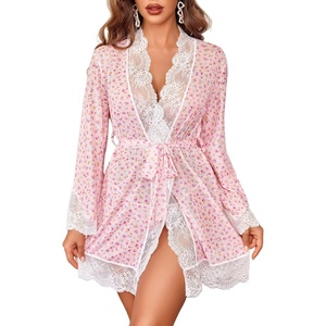 Avidlove Women Lace Kimono Robe Babydoll Sexy Lingerie Mesh Chemise Nightgown Cover Up(White Flower)