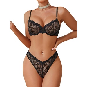 Avidlove Women Lace Underwire Bra and Panty Sets Sexy Push Up Lingerie Set(Black)