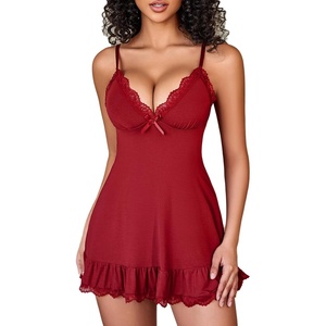 Avidlove Women Lingerie Lace Chemise V Neck Sexy Nightgown Modal Babydoll Sleepwear(Wine Red)