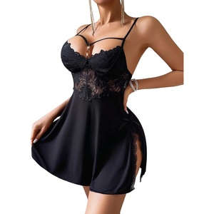 Avidlove Women Lingerie Sexy Nightgown Spaghetti Strap Modal Sleepwear Side Slit Babydoll Chemise(Black)