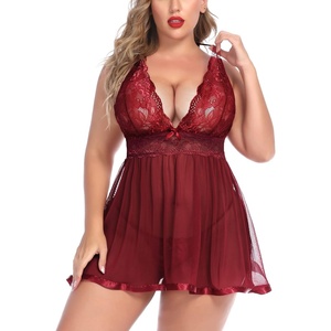 Avidlove Women Plus Size Babydoll Lingerie Lace Chemise Mesh Sleepwear | Sexy Plus-sized Teddies V Neck Sheer Mesh Lace Babydoll Lingerie Dress Teddy Chemise Nighty Sleepwear L-5XL(Cardinal Red)