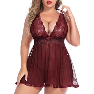 Avidlove Women Plus Size Babydoll Lingerie Lace Chemise Mesh Sleepwear | Sexy Plus-sized Teddies V Neck Sheer Mesh Lace Babydoll Lingerie Dress Teddy Chemise Nighty Sleepwear L-5XL(Dark Red)