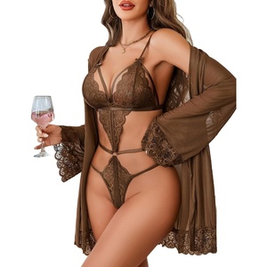 Avidlove Women Sexy Lingerie Set 2 Piece Lace Teddy with Mesh Kimono Robe Bodysuit Nightgown(Brown)