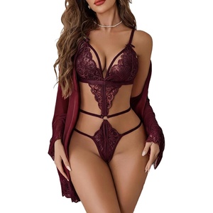 Avidlove Women Sexy Lingerie Set 2 Piece Lace Teddy with Mesh Kimono Robe Bodysuit Nightgown(Burgundy)