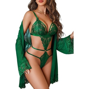 Avidlove Women Sexy Lingerie Set 2 Piece Lace Teddy with Mesh Kimono Robe Bodysuit Nightgown(Green)