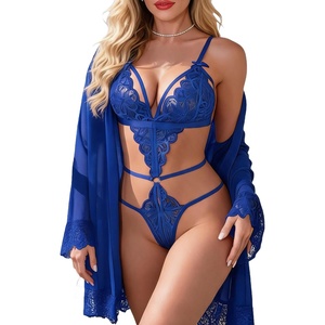 Avidlove Women Sexy Lingerie Set 2 Piece Lace Teddy with Mesh Kimono Robe Bodysuit Nightgown(Royal Blue)