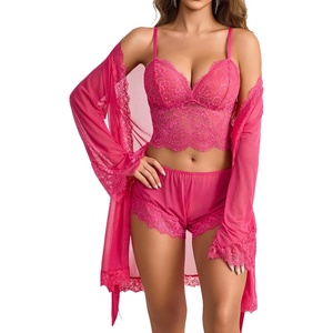 Avidlove Women Sexy Lingerie Set 3 Piece Lace Bralette and Panty Sets With Mesh Kimono Robe Sleepwear Exotic Nightgown(Rose Red)