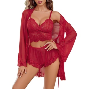 Avidlove Women Sexy Lingerie Set 3 Piece Lace Bralette and Panty Sets With Mesh Kimono Robe Sleepwear Exotic Nightgown(Wine Red)