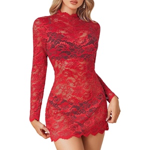 Avidlove Women Sexy Sheer Lace Bodycon Mini Dress Long Sleeve Mock Neck Cocktail Party Dresses See Through Lingerie Outfit(Red)