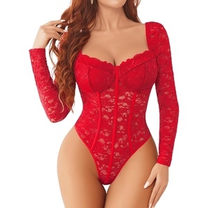 Avidlove Womens Bodysuits Long Sleeve Body Suits Womens Lace Going Out Tops One Piece Bodysuits for Women with Snap Crotch(Red)