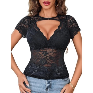 Avidlove Women’s Lace Mesh Short Sleeve Top Floral Sheer See Through Blouse Sexy Tops(Black)