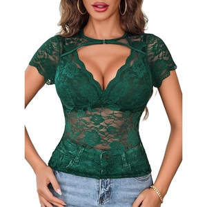 Avidlove Women’s Lace Mesh Short Sleeve Top Floral Sheer See Through Blouse Sexy Tops(Green)