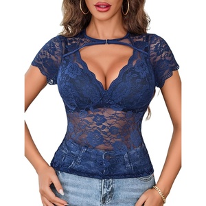 Avidlove Women’s Lace Mesh Short Sleeve Top Floral Sheer See Through Blouse Sexy Tops(Navy Blue)