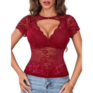 Avidlove Women’s Lace Mesh Short Sleeve Top Floral Sheer See Through Blouse Sexy Tops(Wine Red)