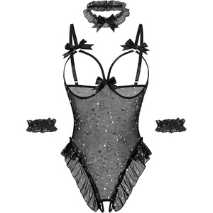 Avidlove Womens Lingerie Bodysuit 4 Piece Set Sheer Mesh Teddy Babydoll with Detachable Collar and Wrist Cuffs(Constellation)