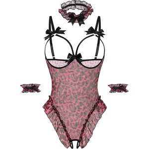 Avidlove Womens Lingerie Bodysuit 4 Piece Set Sheer Mesh Teddy Babydoll with Detachable Collar and Wrist Cuffs(Hot Pink Leopard)