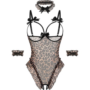 Avidlove Womens Lingerie Bodysuit 4 Piece Set Sheer Mesh Teddy Babydoll with Detachable Collar and Wrist Cuffs(Leopard)