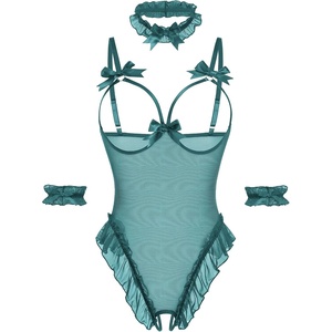 Avidlove Womens Lingerie Bodysuit 4 Piece Set Sheer Mesh Teddy Babydoll with Detachable Collar and Wrist Cuffs(Peacock Blue)