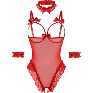 Avidlove Womens Lingerie Bodysuit 4 Piece Set Sheer Mesh Teddy Babydoll with Detachable Collar and Wrist Cuffs(Red)