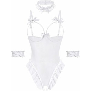 Avidlove Womens Lingerie Bodysuit 4 Piece Set Sheer Mesh Teddy Babydoll with Detachable Collar and Wrist Cuffs(White)