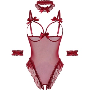 Avidlove Womens Lingerie Bodysuit 4 Piece Set Sheer Mesh Teddy Babydoll with Detachable Collar and Wrist Cuffs(Wine Red)