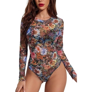 Avidlove Womens Mesh Long Sleeve Bodysuit Round Neck Sheer Leotards Geo Print Bodysuit Top with Snap Crotch(Colorful Flowers)