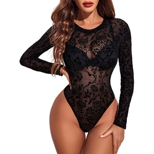Avidlove Womens Mesh Long Sleeve Bodysuit Round Neck Sheer Leotards Geo Print Bodysuit Top with Snap Crotch(Floral)