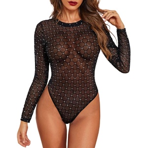 Avidlove Womens Mesh Long Sleeve Bodysuit Round Neck Sheer Leotards Geo Print Bodysuit Top with Snap Crotch(Geo Pattern)