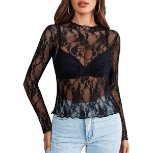 Avidlove Women’s Mesh Top Long Sleeve Mock Neck Sheer Blouse See Through Floral Lace Tops(Black)