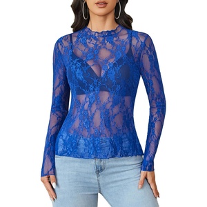 Avidlove Women’s Mesh Top Long Sleeve Mock Neck Sheer Blouse See Through Floral Lace Tops(Blue)