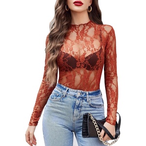 Avidlove Women’s Mesh Top Long Sleeve Mock Neck Sheer Blouse See Through Floral Lace Tops(Brown)