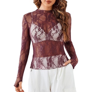 Avidlove Women’s Mesh Top Long Sleeve Mock Neck Sheer Blouse See Through Floral Lace Tops(Burgundy)