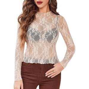 Avidlove Women’s Mesh Top Long Sleeve Mock Neck Sheer Blouse See Through Floral Lace Tops(Champagne)
