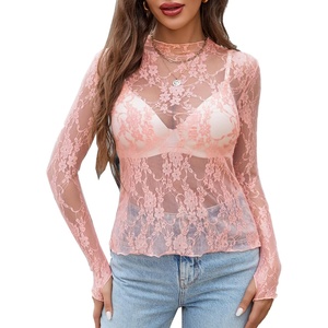 Avidlove Women’s Mesh Top Long Sleeve Mock Neck Sheer Blouse See Through Floral Lace Tops(Coral)