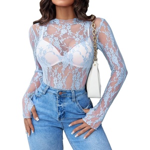 Avidlove Women’s Mesh Top Long Sleeve Mock Neck Sheer Blouse See Through Floral Lace Tops(Light Blue)