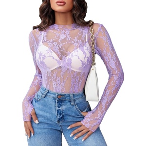 Avidlove Women’s Mesh Top Long Sleeve Mock Neck Sheer Blouse See Through Floral Lace Tops(Lilac)