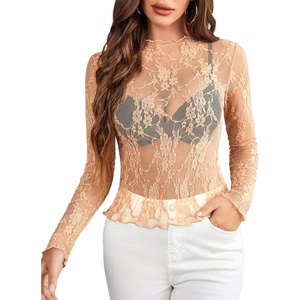 Avidlove Women’s Mesh Top Long Sleeve Mock Neck Sheer Blouse See Through Floral Lace Tops(Nude)
