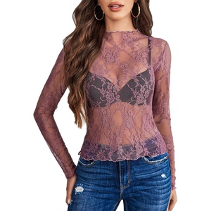 Avidlove Women’s Mesh Top Long Sleeve Mock Neck Sheer Blouse See Through Floral Lace Tops(Purple)