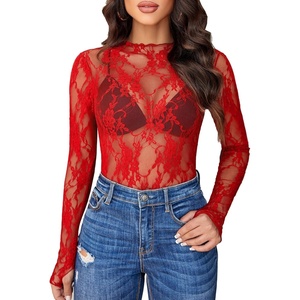 Avidlove Women’s Mesh Top Long Sleeve Mock Neck Sheer Blouse See Through Floral Lace Tops(Red)