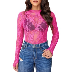 Avidlove Women’s Mesh Top Long Sleeve Mock Neck Sheer Blouse See Through Floral Lace Tops(Rose Red)