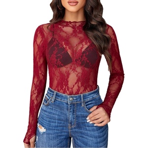 Avidlove Women’s Mesh Top Long Sleeve Mock Neck Sheer Blouse See Through Floral Lace Tops(Wine Red)