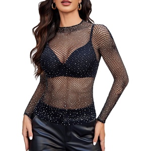 Avidlove Women’s Sexy Fishnet Mesh Long Sleeve Tops Mock Neck Sheer Lace See-Through Blouse Bodycon Clubwear Party Tops(Black Rhinestone)