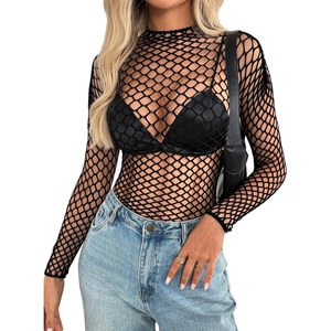 Avidlove Women’s Sexy Fishnet Mesh Long Sleeve Tops Mock Neck Sheer Lace See-Through Blouse Bodycon Clubwear Party Tops(Black(large Mesh))