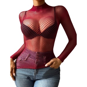 Avidlove Women’s Sexy Fishnet Mesh Long Sleeve Tops Mock Neck Sheer Lace See-Through Blouse Bodycon Clubwear Party Tops(Burgundy)