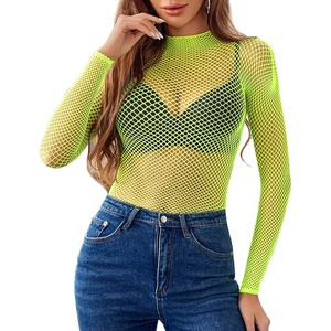 Avidlove Women’s Sexy Fishnet Mesh Long Sleeve Tops Mock Neck Sheer Lace See-Through Blouse Bodycon Clubwear Party Tops(Fluorescent Green)
