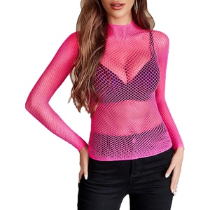 Avidlove Women’s Sexy Fishnet Mesh Long Sleeve Tops Mock Neck Sheer Lace See-Through Blouse Bodycon Clubwear Party Tops(Fluorescent Pink)