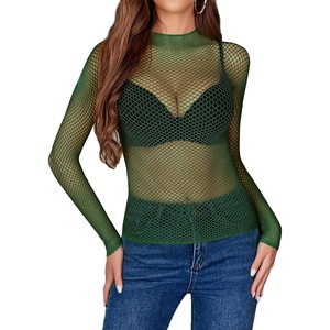 Avidlove Women’s Sexy Fishnet Mesh Long Sleeve Tops Mock Neck Sheer Lace See-Through Blouse Bodycon Clubwear Party Tops(Green)