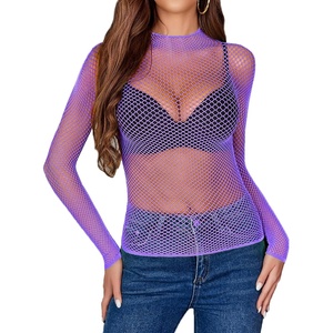 Avidlove Women’s Sexy Fishnet Mesh Long Sleeve Tops Mock Neck Sheer Lace See-Through Blouse Bodycon Clubwear Party Tops(Lilac)