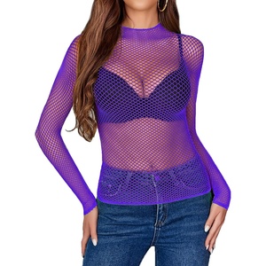 Avidlove Women’s Sexy Fishnet Mesh Long Sleeve Tops Mock Neck Sheer Lace See-Through Blouse Bodycon Clubwear Party Tops(Purple)